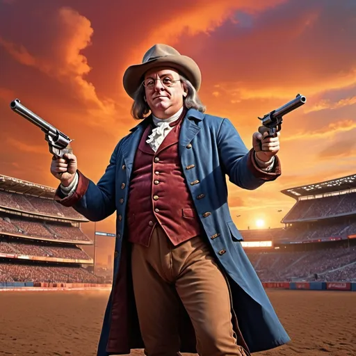 Prompt: (realistic depiction of Benjamin Franklin as a gunslinger), dressed in a classic cowboy outfit, dual pistols at the ready, dynamic action pose, Olympic stadium backdrop, vibrant colors, dramatic lighting, fiery sunset sky illuminating the scene, capturing the energetic atmosphere of competition, athletes in the background, meticulously detailed, hyper-realistic, high-definition quality.