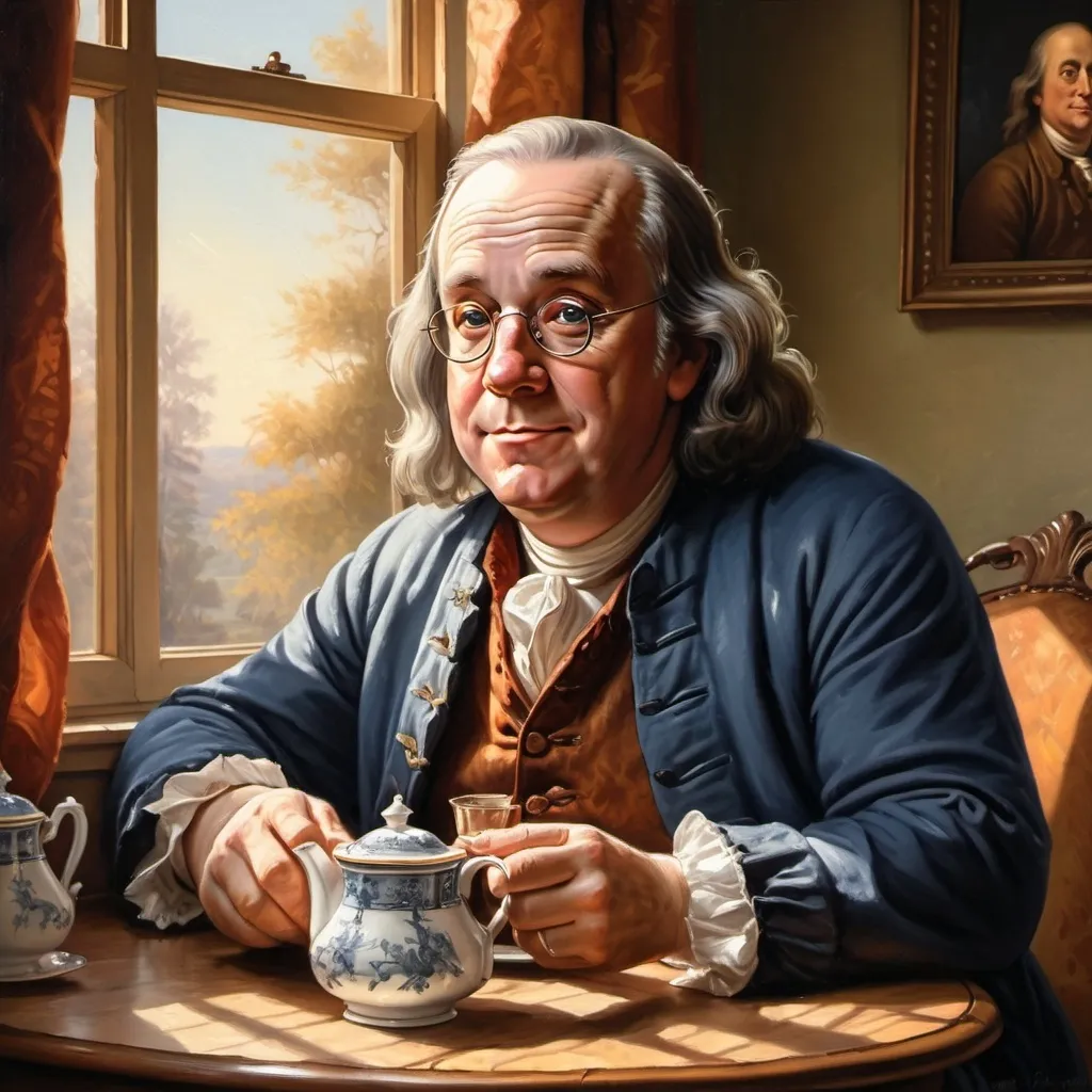 Prompt: Benjamin Franklin with a cup of tea, morning sunlight filtering through the window, traditional oil painting, detailed facial features with warm expression, historical, high quality, oil painting, detailed facial features, morning sunlight, traditional, historical, warm tones, professional lighting