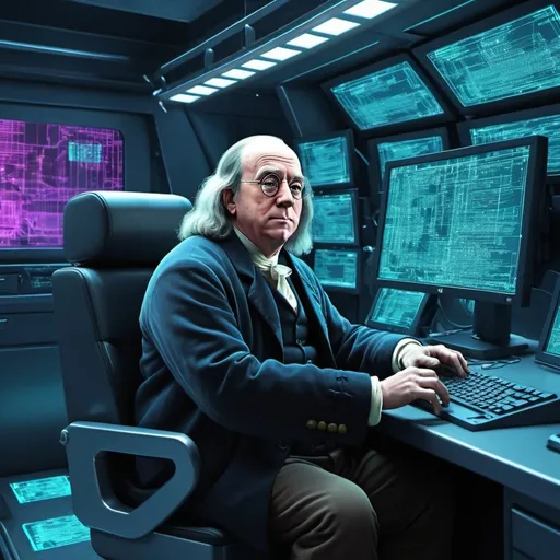 Prompt: Benjamin Franklin in cyber truck buy Glitch background 