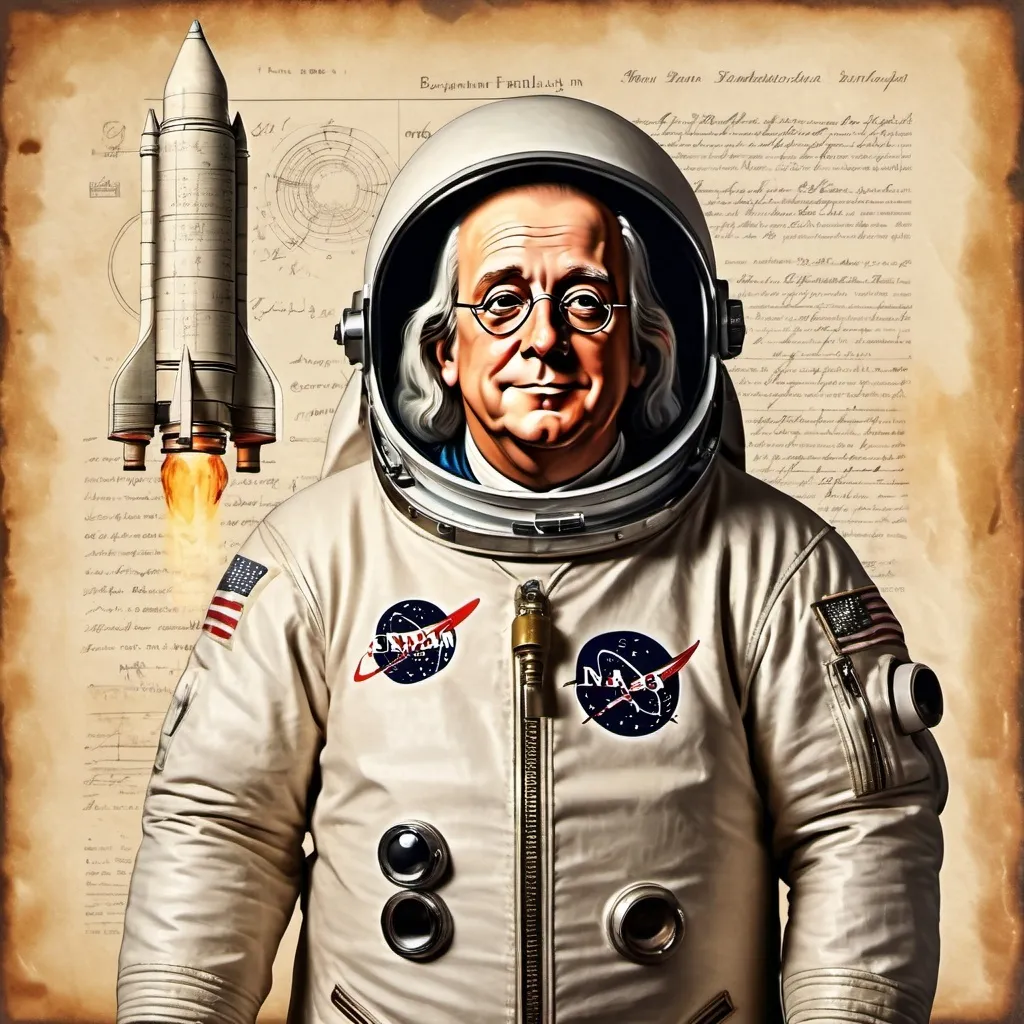 Prompt: Benjamin Franklin on a space rocket, historical figure in space suit, vintage astronaut helmet, parchment paper with scientific equations, rocket launch platform, space exploration, high quality, realistic, historical, vintage, scientific, space-themed, detailed rocket, parchment paper with equations, astronaut helmet, vintage suit, retro-futuristic, dramatic lighting, historical figure in space