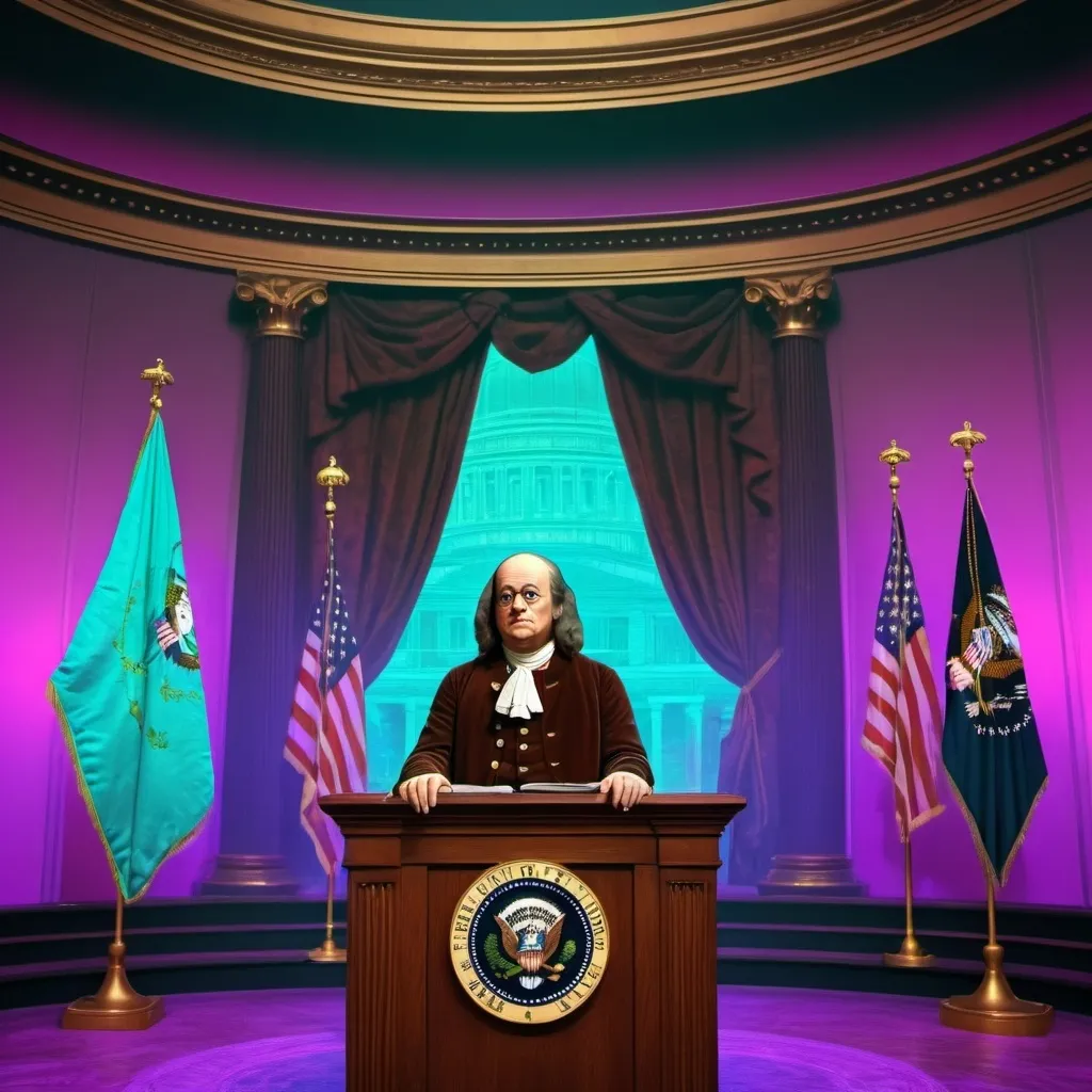 Prompt: Glitch Benjamin Franklin press conference, digital art, retro-futuristic setting, glitch effects, presidential podium, 18th century clothing with a futuristic twist, holographic audience, glitchy lighting, high definition, glitch art, retro-futuristic, holographic effects, glitchy clothing, glitchy decor