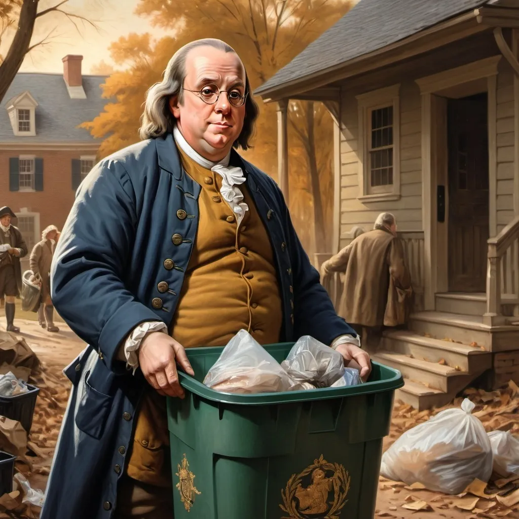 Prompt: Benjamin Franklin taking out his trash, historical painting, colonial attire, detailed facial features, intense expression, realistic, oil painting, colonial, detailed clothing, outdoor scene, warm-toned lighting, high quality, historical, colonial style, detailed facial expression, traditional, atmospheric lighting