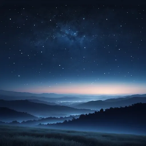 Prompt: (peaceful night sky filled with stars), tranquil atmosphere, twinkling stars, deep navy blues and indigos, gradient tones from (midnight) to (twilight blues), gentle moonlight casting a soft glow, a few subtle clouds, serene landscape silhouette in the foreground, high depth cinematic masterpiece, ultra-detailed, HD, dreamy and calm ambiance, high-quality lighting, capture the vastness and beauty of the night sky, full resolution.