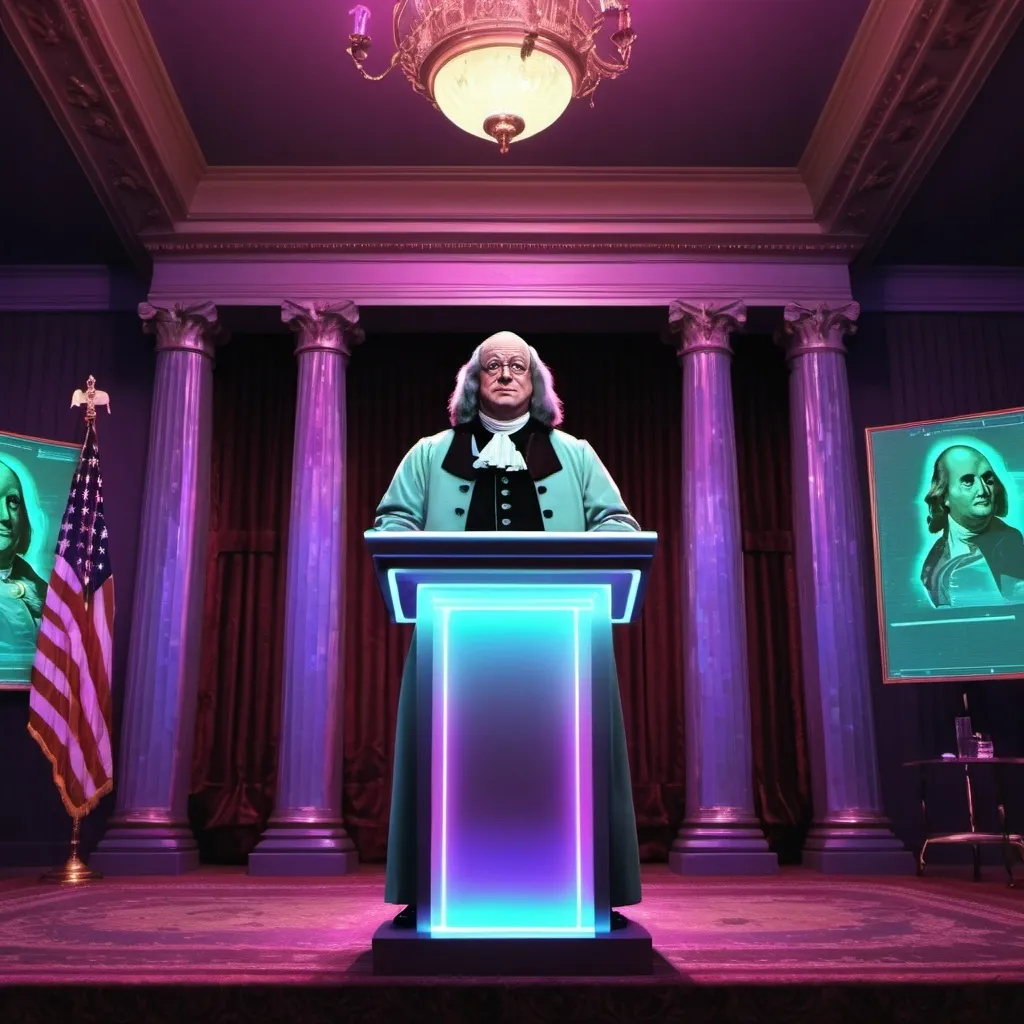 Prompt: Glitch Benjamin Franklin press conference, digital art, retro-futuristic setting, glitch effects, presidential podium, 18th century clothing with a futuristic twist, holographic audience, glitchy lighting, high definition, glitch art, retro-futuristic, holographic effects, glitchy clothing, glitchy decor