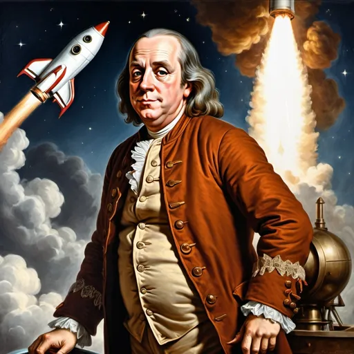 Prompt: Benjamin Franklin on a space rocket, oil painting, detailed facial features, realistic portrayal, historical figure, 18th-century attire, rocket launch in the background, dramatic lighting, high quality, realistic, historical, oil painting, detailed facial features, 18th-century attire, rocket launch, dramatic lighting