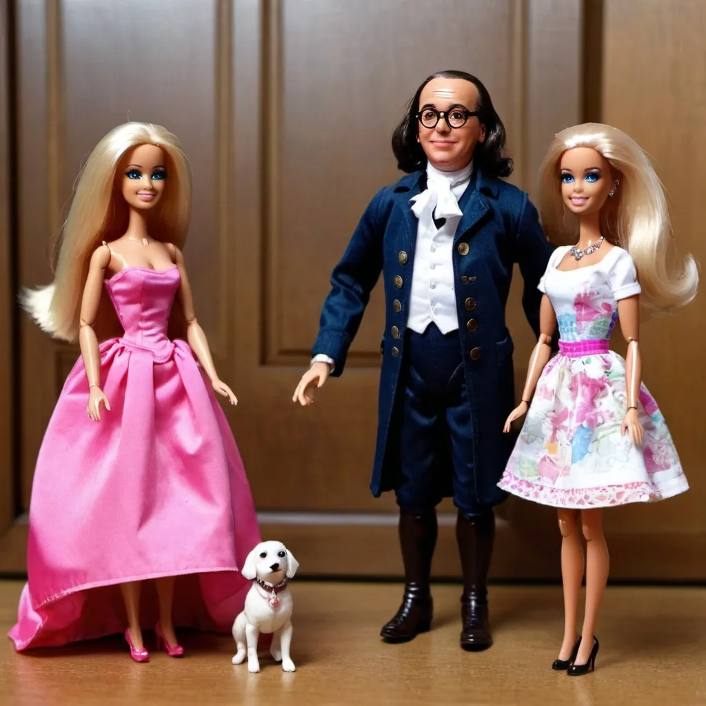 Prompt: Benjamin Franklin meeting Barbie and Oppenheimer