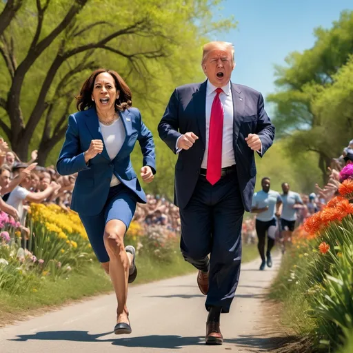 Prompt: (Kamala Harris and Donald Trump running a sprint race), dynamic action pose, detailed expressions of focus and determination, vibrant and colorful, spring flowers blooming, lush green scenery, bright sunlight, clear blue sky, cheering crowd in the background, photorealistic, high depth of field, ultra-detailed, 4K, dramatic lighting, award-winning photography, high-energy atmosphere.