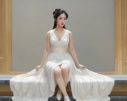 Prompt: a woman in a white dress sitting on a bench with her legs crossed and her dress flowing down,, Bian Jingzhao, neoclassicism, full body portrait, a marble sculpture