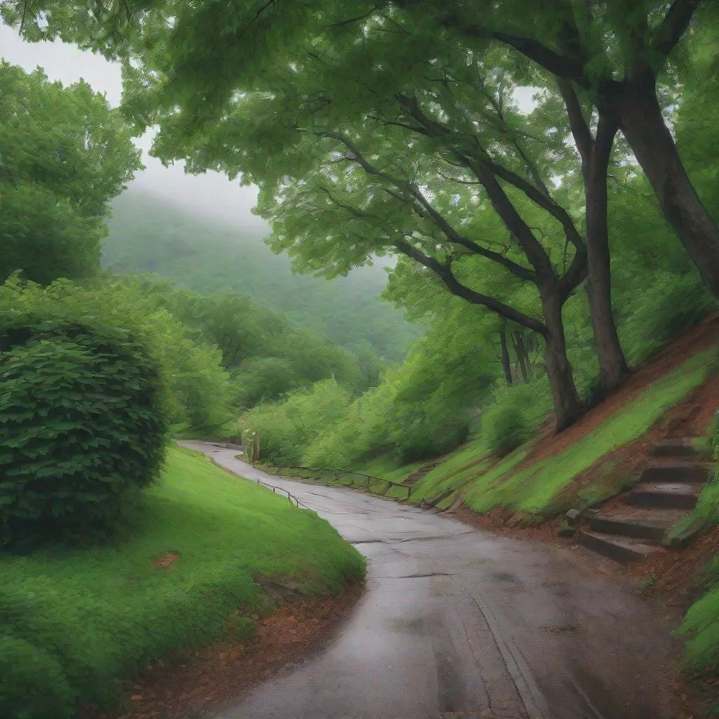 Prompt: Rainy mountain hillside neighborhood path under a canopy of green trees