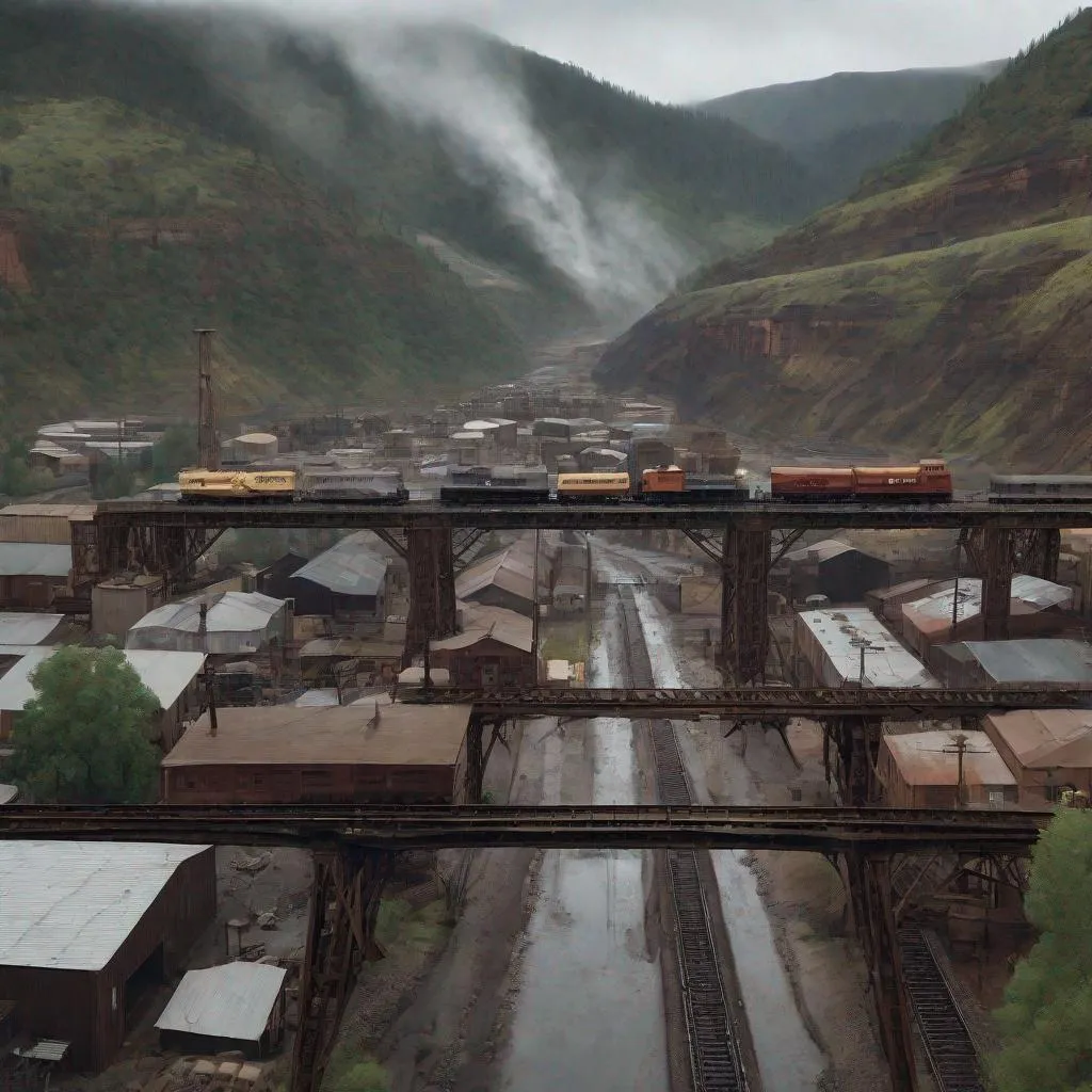 Prompt: A rainy mining town nestled in a deep valley with train trestles overhead and factories lining the streets