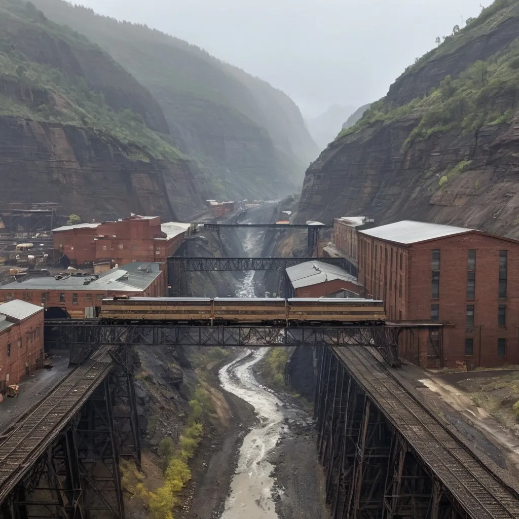 Prompt: A rainy mining town nestled in a deep sheer walled ravine with train trestles overhead and factories lining the streets