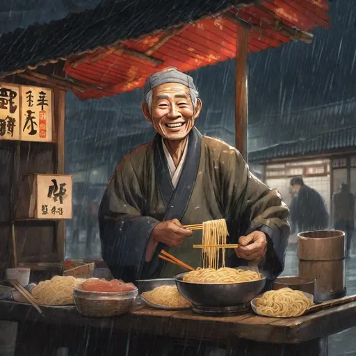 Prompt: happy old japanese man selling ramen from a stall in the nighttime rain