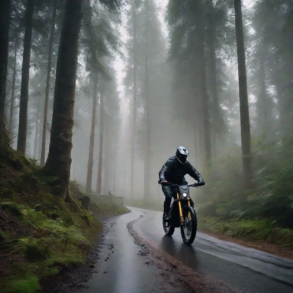 Prompt: sur ron rider riding down a rainy forest road