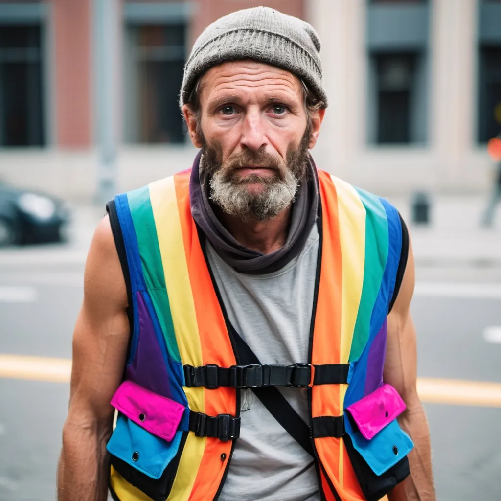 Prompt: homless man with a bommer vest on in de gay colors