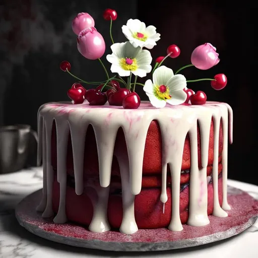 Prompt: delicious, splashy, tasty, cherry cake, with creme, flower, gel. cinematic 32K, HD, HDR, hyper photorealistic, 3D, Digital graphics, Ultrarealistic, UHDR
