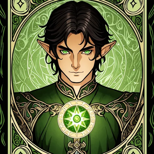 Prompt: Tarot card, man, dark hair, green eyes, elf