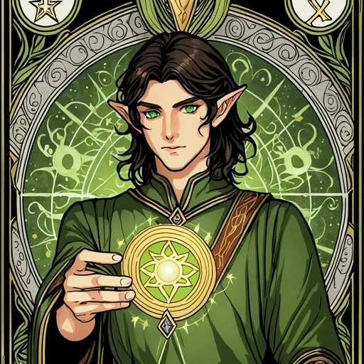 Prompt: Tarot card, man, dark hair, green eyes, elf