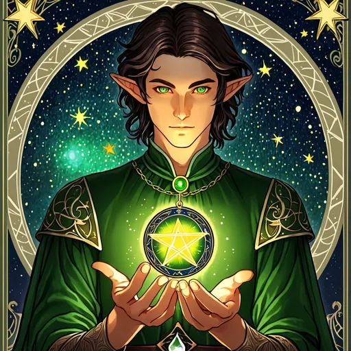 Prompt: Tarot card, man, dark hair, green eyes, elf,  starry sky, pendant