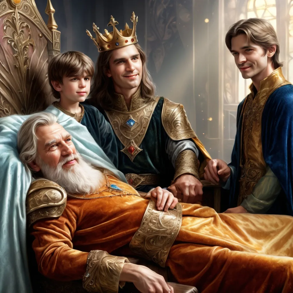 Prompt: An old king on throne. On his left side his oldest son, a  man with a stupid face. Behind him is the 2nd brother, with a cunning face. On king's right side is his beloved 3rd son - young, handsome, with a shiny smile. The 3 princes look at his father. Fantasy, photorealistic illustration of a fairy tale.