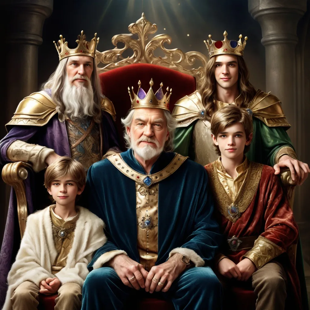 Prompt: An old king on throne. On his left side his oldest son, a  man with a stupid face. Behind him is the 2nd brother, with a cunning face. On king's right side is his beloved 3rd son - young, handsome, with a shiny smile. The 3 princes look at his father. Fantasy, photorealistic illustration of a fairy tale.