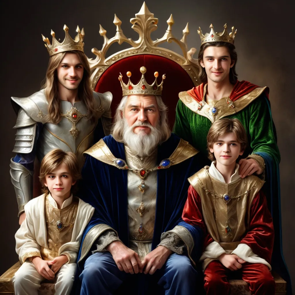 Prompt: An old king on throne. On his left side his oldest son, a  man with a stupid face. Behind him is the 2nd brother, with a cunning face. On king's right side is his beloved 3rd son - young, handsome, with a shiny smile. The 3 princes look at his father. Fantasy, photorealistic illustration of a fairy tale.