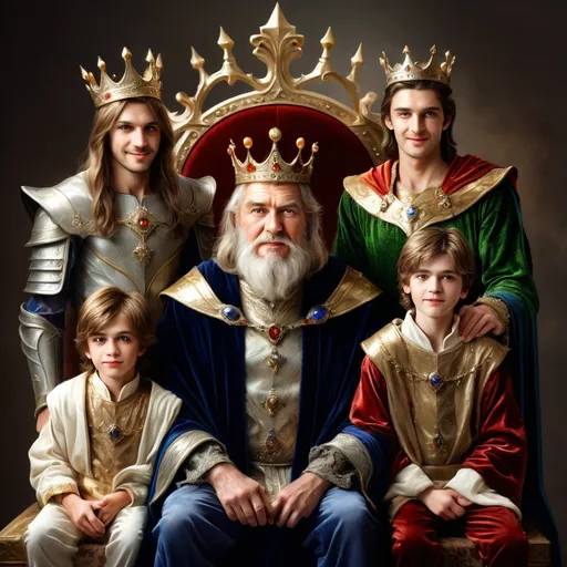 Prompt: An old king on throne. On his left side his oldest son, a  man with a stupid face. Behind him is the 2nd brother, with a cunning face. On king's right side is his beloved 3rd son - young, handsome, with a shiny smile. The 3 princes look at his father. Fantasy, photorealistic illustration of a fairy tale.