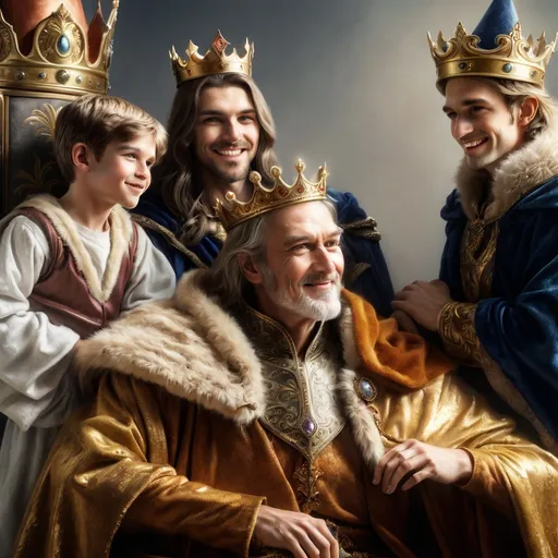 Prompt: An old king on throne. On his left side his oldest son, a  man with a stupid face. Behind him is the 2nd brother, with a cunning face. On king's right side is his beloved 3rd son - young, handsome, with a shiny smile. The 3 princes look at his father. Fantasy, photorealistic illustration of a fairy tale.