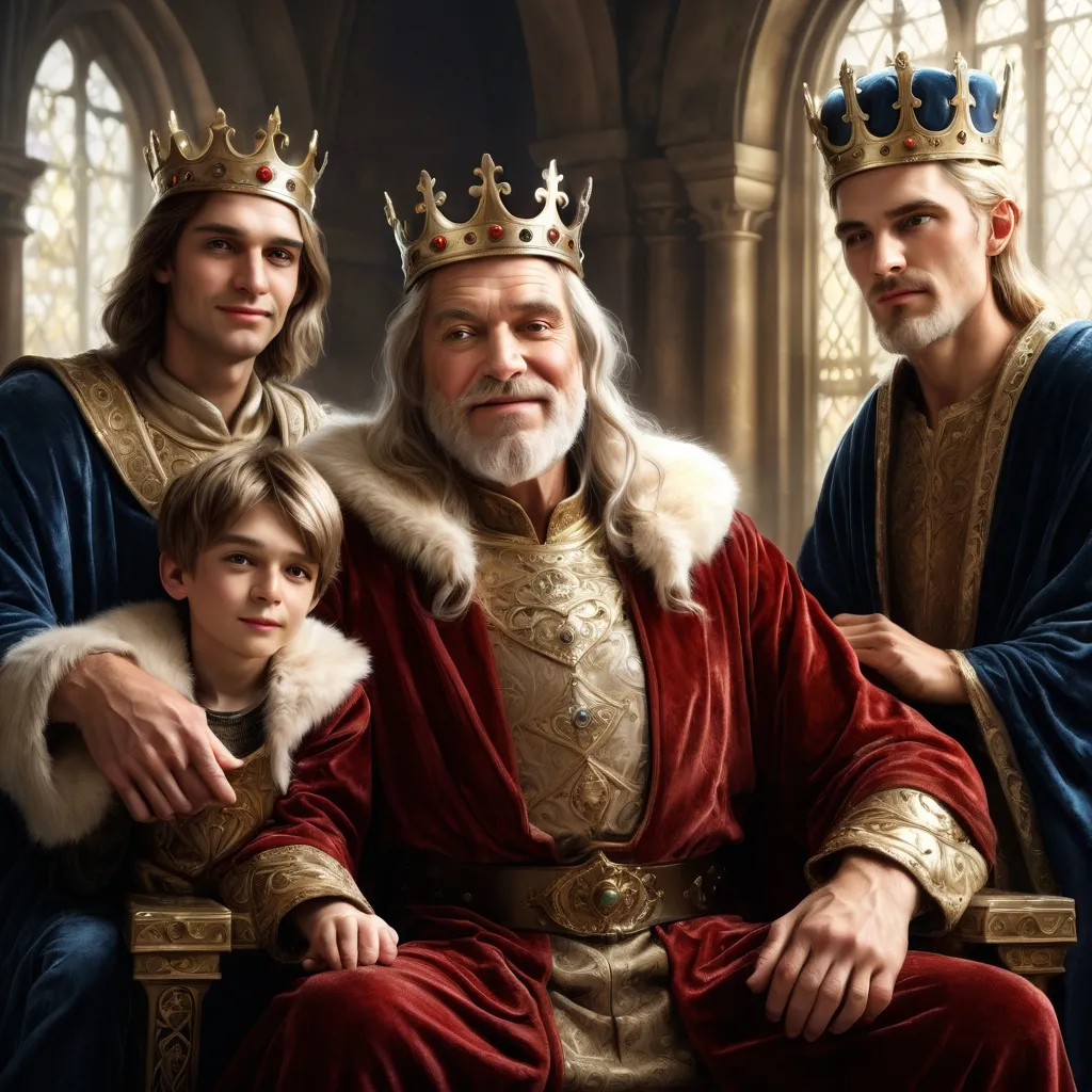 Prompt: An old king on throne. On his left side his oldest son, a  man with a stupid face. Behind him is the 2nd brother, with a cunning face. On king's right side is his beloved 3rd son - young, handsome, with a shiny smile. The 3 princes look at his father. Fantasy, photorealistic illustration of a fairy tale.