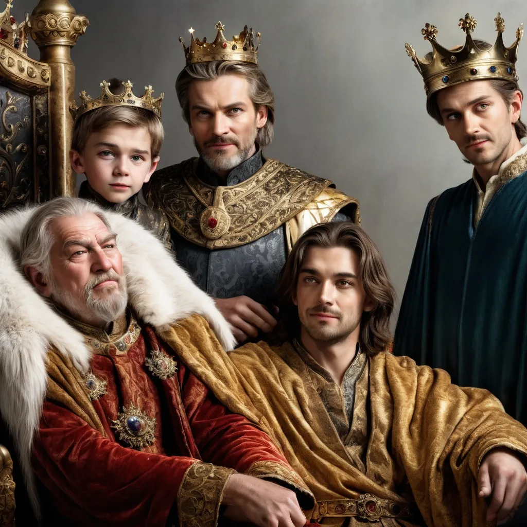 Prompt: An old king on throne. On his left side his oldest son, a  man with a stupid face. Behind him is the 2nd brother, with a cunning face. 2 brothers look grim and jealous  to his father and his 3rd brother. On king's right side is his beloved 3rd son - young, handsome, with a shiny smile. The 3 princes look at his father. The 2 sons look grim and jealous. The 3rd one is shinning - he's the main character in the fairy tale. Fantasy, photorealistic style, illustration of a fairy tale.