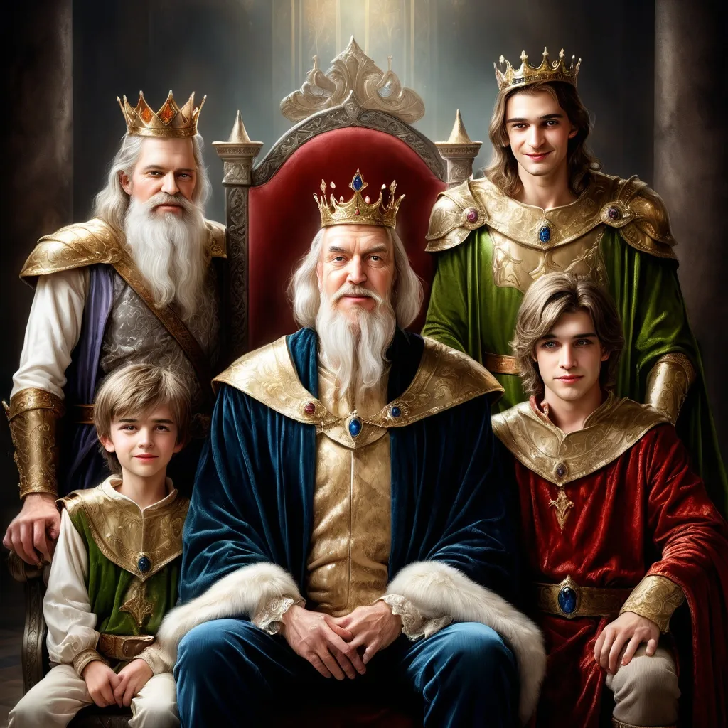 Prompt: An old king on throne. On his left side his oldest son, a  man with a stupid face. Behind him is the 2nd brother, with a cunning face. On king's right side is his beloved 3rd son - young, handsome, with a shiny smile. The 3 princes look at his father. Fantasy, photorealistic illustration of a fairy tale.