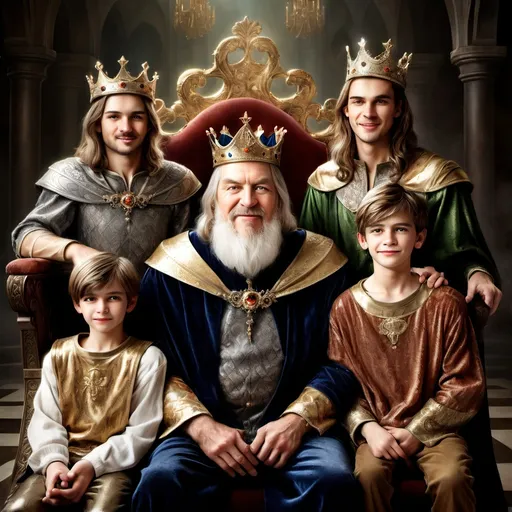 Prompt: An old king on throne. On his left side his oldest son, a  man with a stupid face. Behind him is the 2nd brother, with a cunning face. On king's right side is his beloved 3rd son - young, handsome, with a shiny smile. The 3 princes look at his father. Fantasy, photorealistic illustration of a fairy tale.