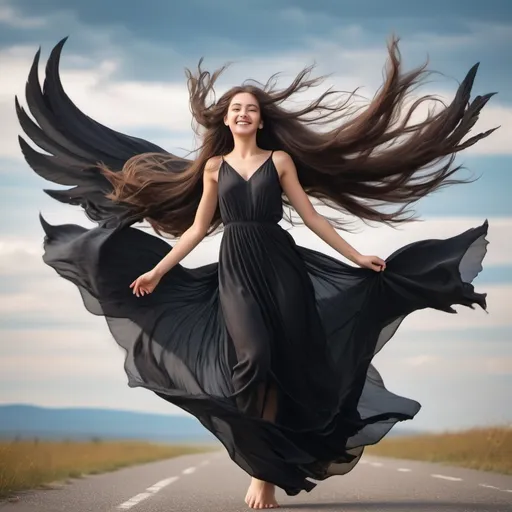 Prompt: A girl in a flowing black dress, adorned with two magnificent wings, soars through the air with a radiant smile gracing her face. Her long, flowing hair dances in the wind, mirroring the carefree spirit of her flight