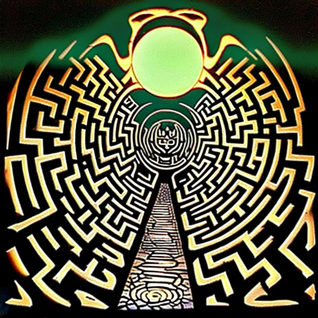 Prompt: I drive through the maze. Four looks drink from the sun and candles burn under moon tide aliens who chirp soundscapes from monkey brazen sconces. Noon happens in Edomite lairs