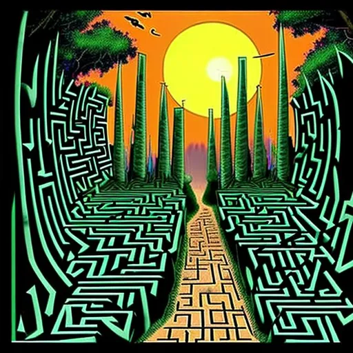 Prompt: I drive through the maze. Four looks drink from the sun and candles burn under moon tide aliens who chirp soundscapes from monkey brazen sconces. Noon happens in Edomite lairs