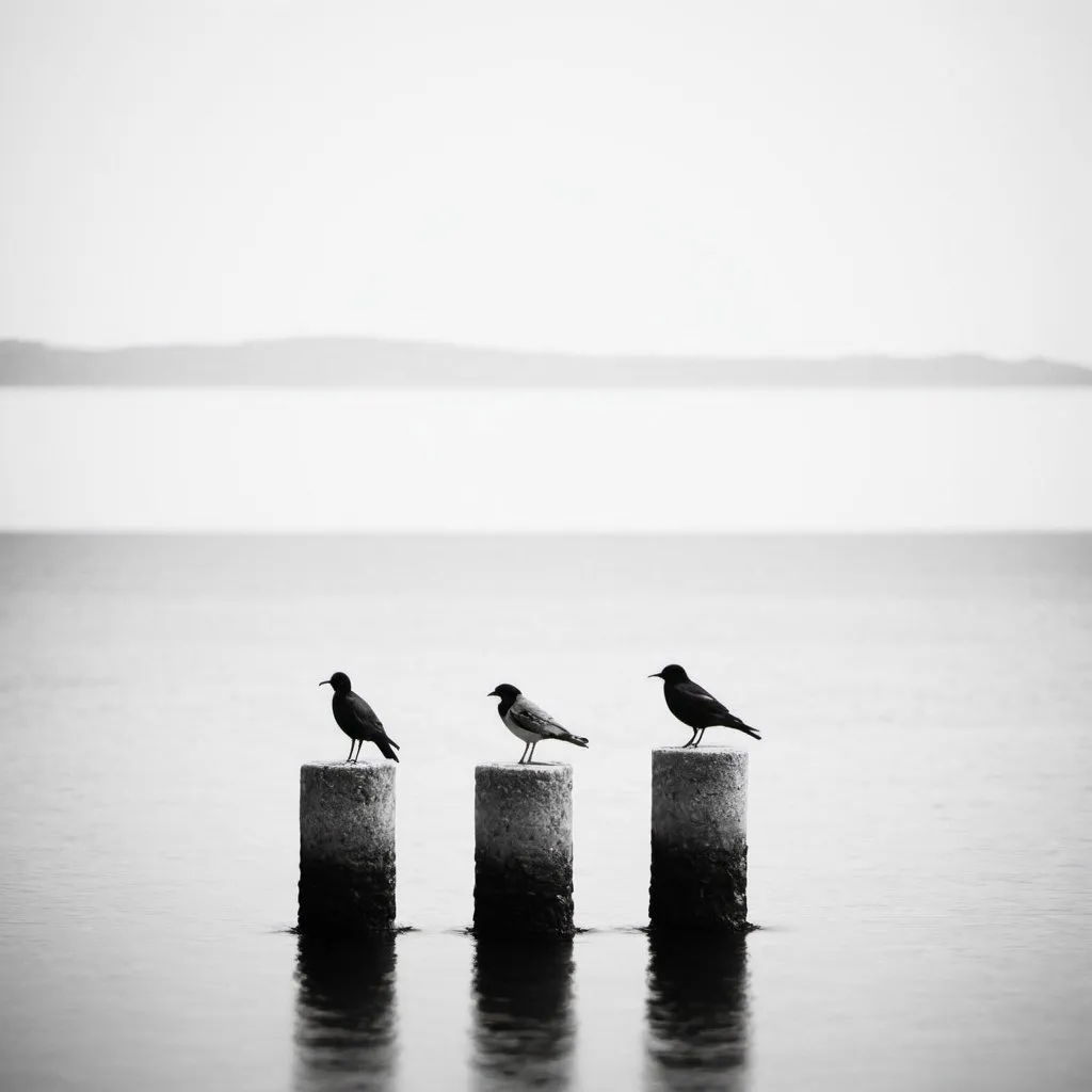 Prompt: 3 studs on the sea, bird sitting on one of them. Minimalist scene with hi key exposure...