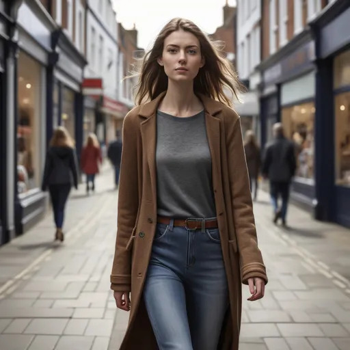 Prompt: Tall young woman walking down the high street, detailed clothing, realistic, natural lighting