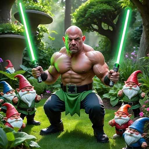 Prompt: Envision a massive, muscular man with a shiny bald head, standing in a garden at twilight. He wields a glowing, vibrant green lightsaber with one hand, its light casting dramatic shadows across his chiseled physique. Surrounding him are several small garden gnomes, mid-action as they are being sliced and shattered by the lightsaber. The man’s expression is intense and determined as he strikes down the gnomes, their colorful hats and bodies flying in pieces. The background features lush greenery, but the focus remains on the chaotic scene of the man’s epic battle against the tiny, mischievous gnomes.