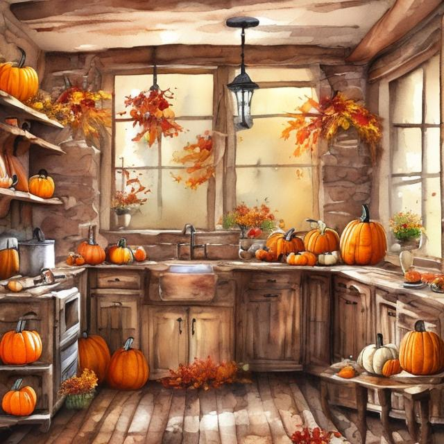 Prompt: rustic fall kitchen, warm colors, autumn, watercolor style, 
