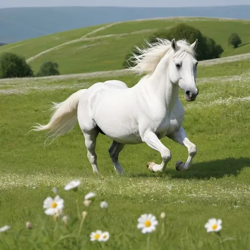 Prompt: A grassy landscape with flowers and a beautiful white horse running in background.