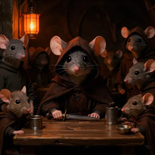 Prompt: 
Mouse wearing a cloak and hood and sitting at a table in a tavern with a sword and shield  surrounded by a variety of other animals in medieval clothes 
