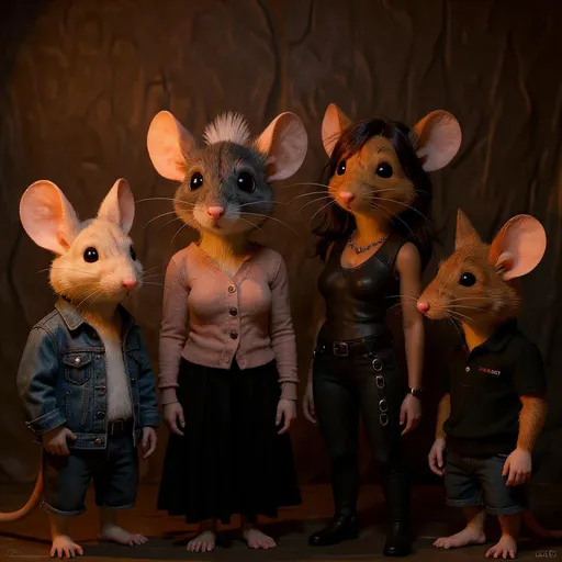 Prompt: 
A family of four mice, an older male his wife and their two kids, the male is wearing a Jean jacket with shearling inside and and his wife is wearing a cardigan and black flowy pants and his daughter is wearing a punk outfit and their son is wearing a polo and shorts 

