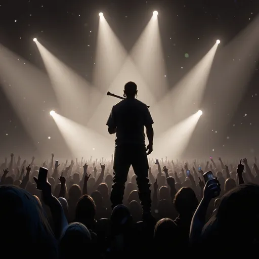 Prompt: Guy singing on stage at a hip hop concert and singing into the mic, the lights are bright and there many of them, the crowd has their hands raised in jubilance most of them with different cell phones taking pictures and video 