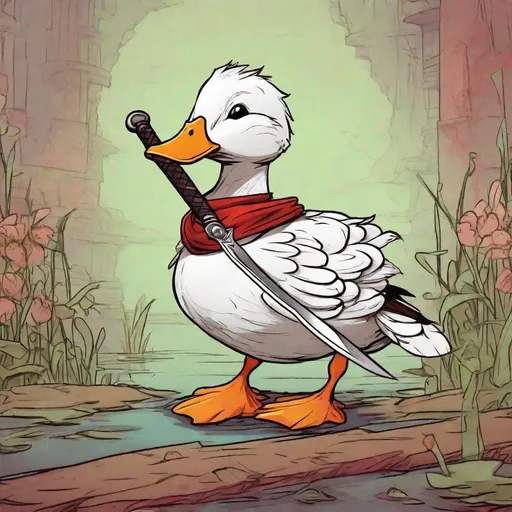 Prompt: A duck with a sword comic style that looks like it was made by a 14 year old with every color being red