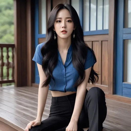 Prompt: Kim Jisoo is sitting on a brown porch. Her long black hair is blowing slightly in the wind. She is wearing a blue top with black pants. In the style of realism, 8k, frontal view