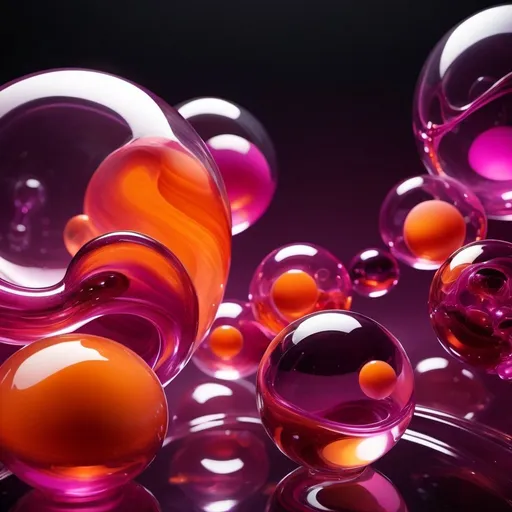 Prompt: Abstract glossy, fluid-like transparent structures and spheres transparent magenta orange, molten glass in mid-air, dynamic, dark backdrop