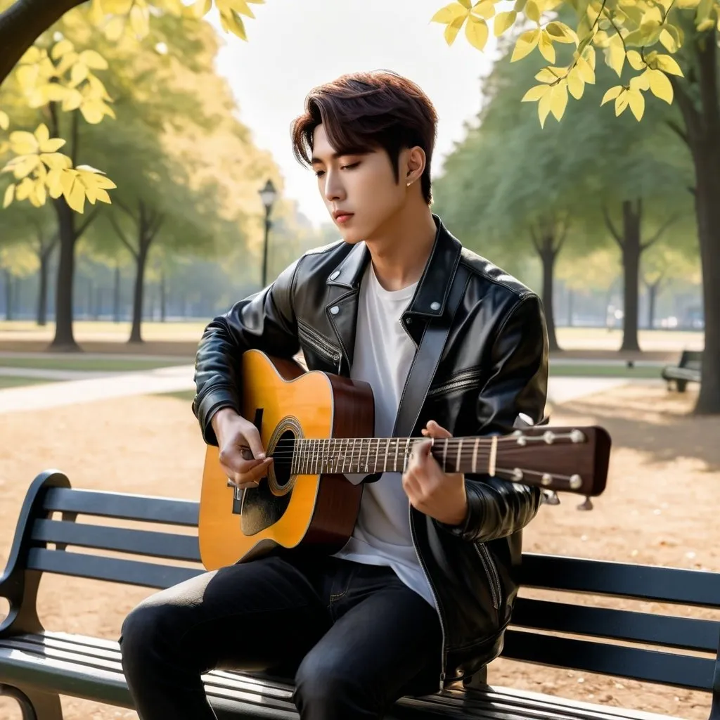 Prompt: Kim Seokjin is sitting on a bench at the park playing his guitar. The guitar is black. 8k realism, frontal view. The sun is shining, partly cloudy