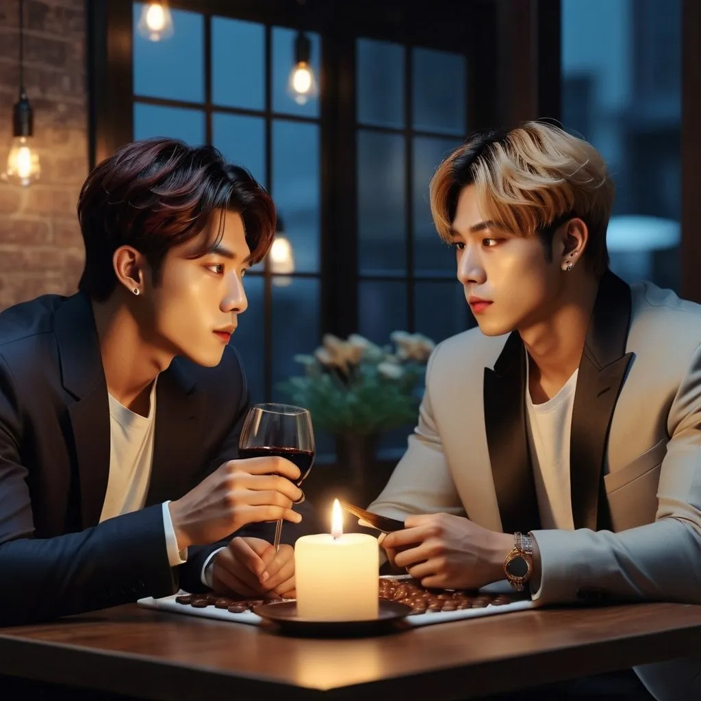 Prompt: 2 men, dressed in casual clothes that are safe for work, are in a safe restaurant sitting at a safe candlelit table, safely drinking wine and eating chocolates, Taehyung sat with Jimin  at the table in the style of realism, 4k
