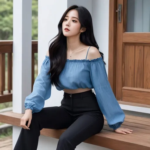 Prompt: Kim Jisoo is sitting on a brown porch. Her long black hair is blowing slightly in the wind. She is wearing a blue top with black pants. In the style of realism, 8k, frontal view