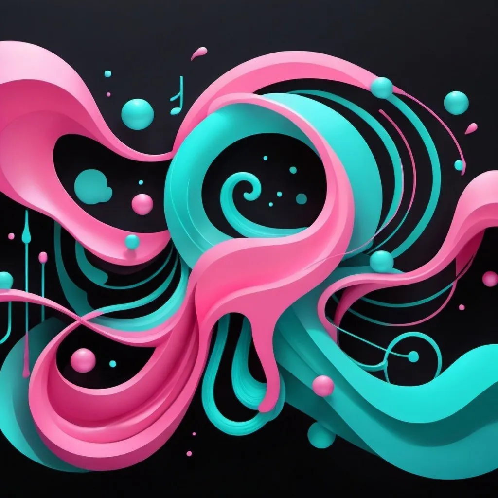 Prompt: illustration music, cyan pink, symbolism, cloudcore, endercore, black background, wavy lines organic shapes, logo
