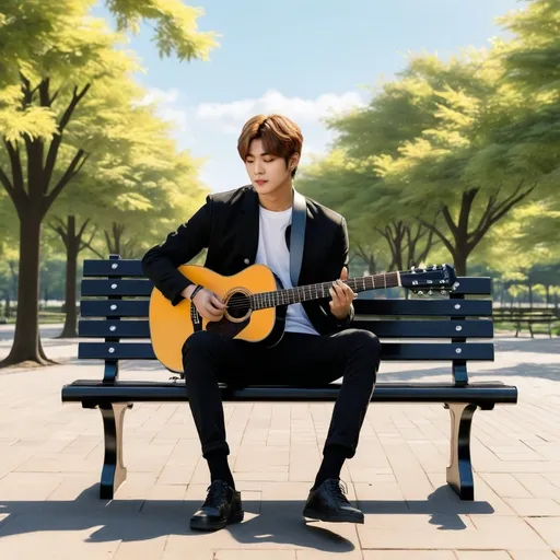 Prompt: Kim Taehyung is sitting on a bench at the park playing his guitar. The guitar is black. 8k realism, frontal view. The sun is shining, partly cloudy